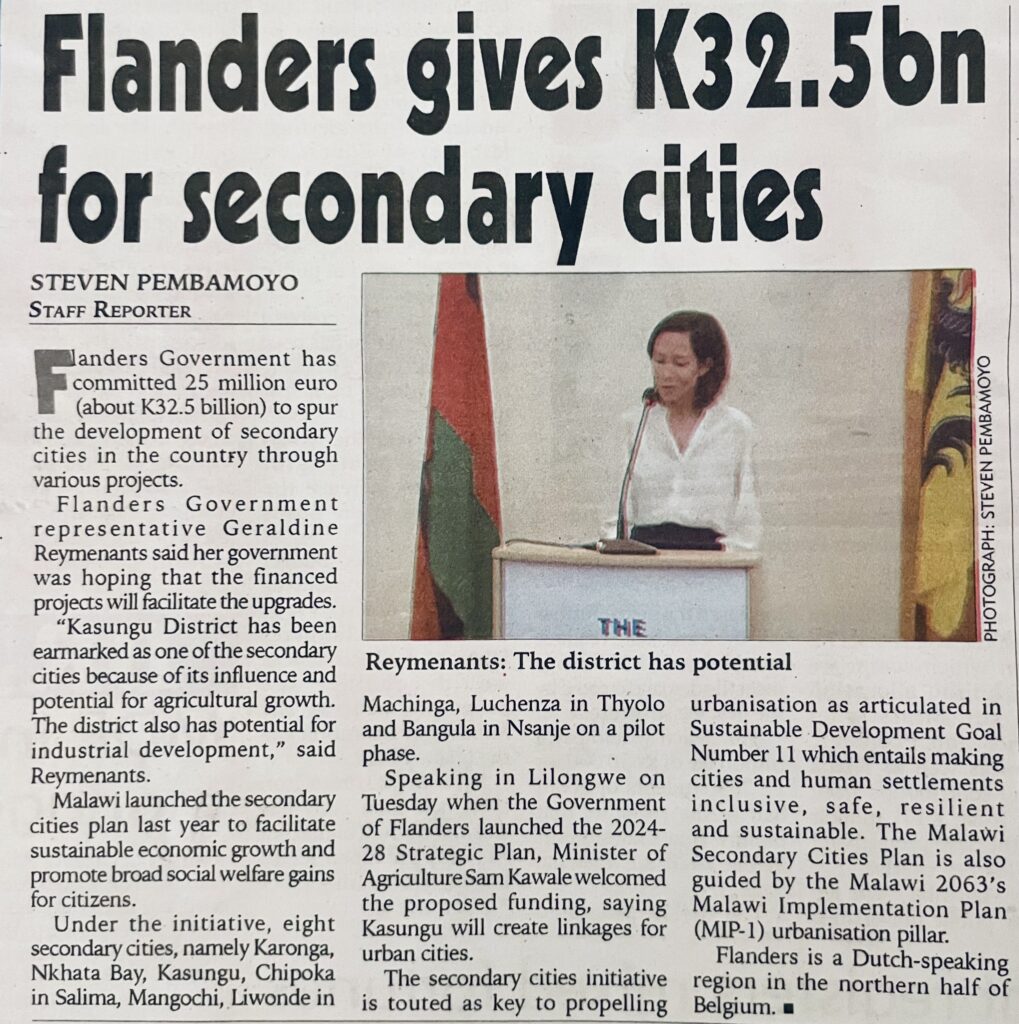 Flanders gives K32.5bn for Malawi secondary cities which are critical in the implementation of the tourism master plan